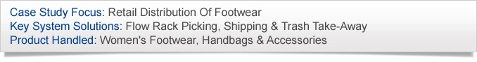 Case Study Focus: Retail Distribution Of Footwear. Key System Solutions: Flow Rack Picking, Shipping & Trash Take-Away. Product Handled: Women's Footwear, Handbags & Accessories.
